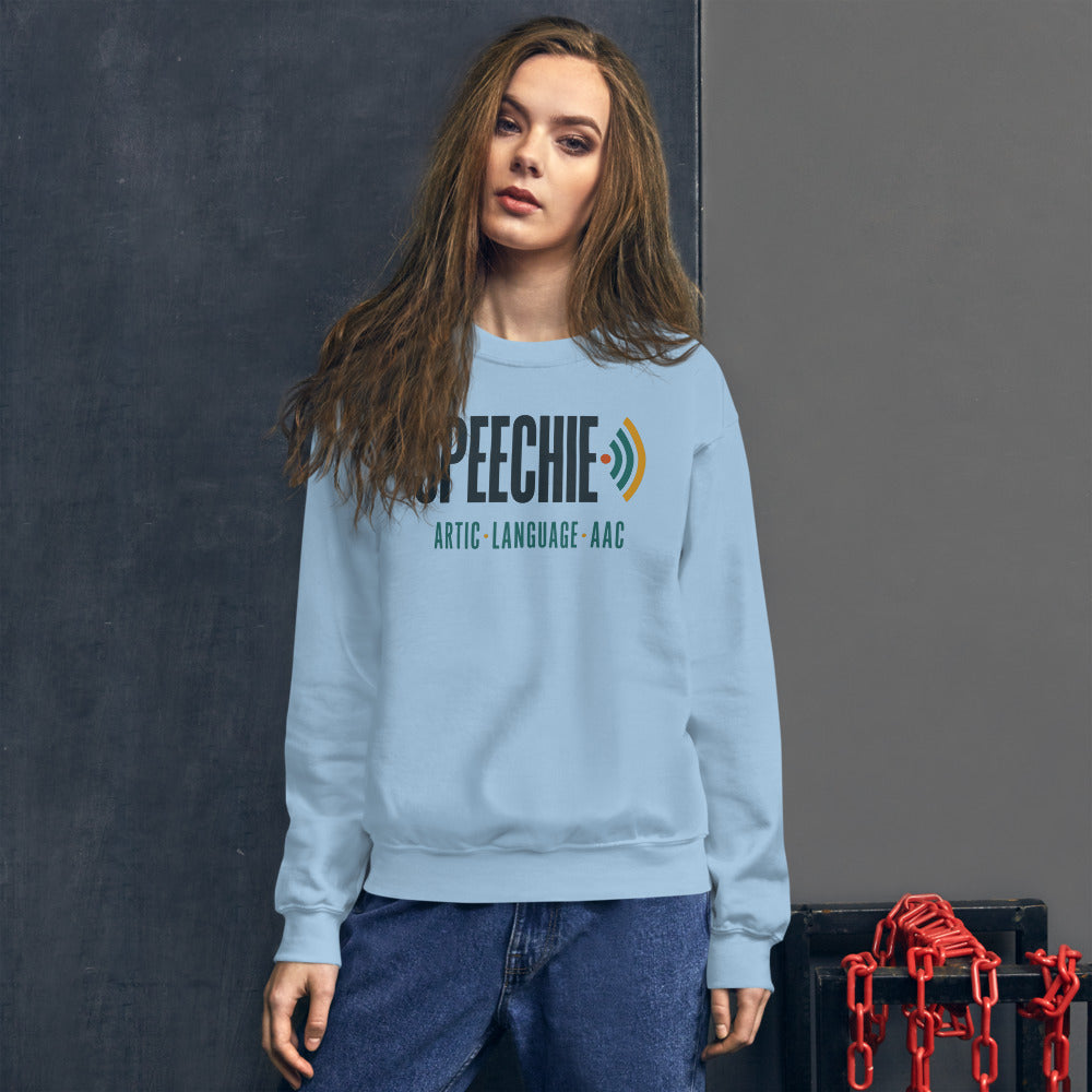 Speechie Wordmark speech therapy crewneck sweatshirt — Light Blue, on model