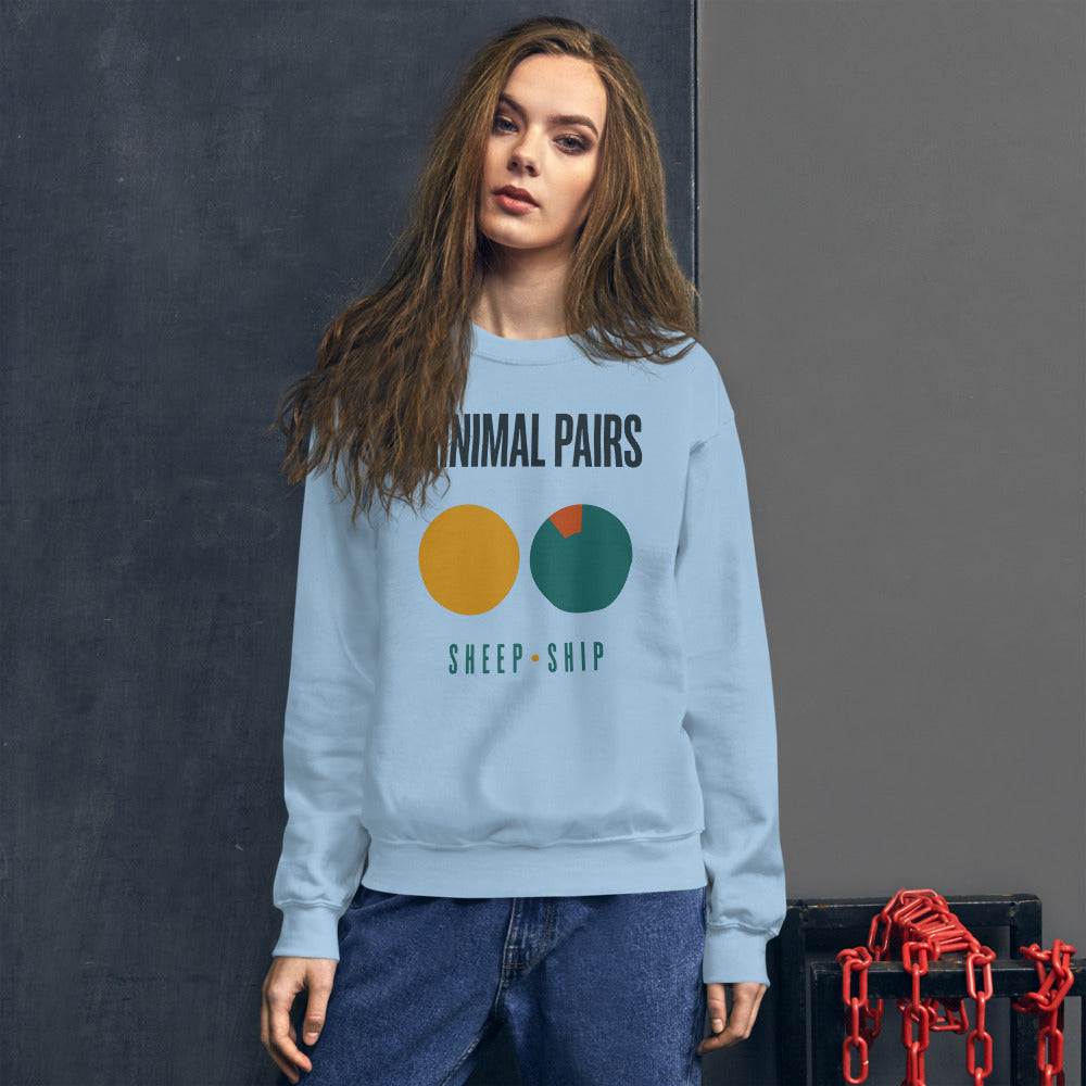 Minimal Pairs speech therapy crewneck sweatshirt — Light Blue, on model