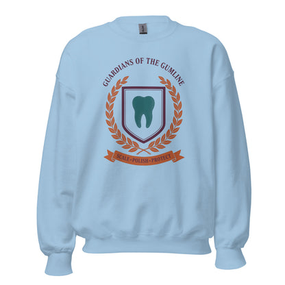 Guardians of the Gumline dental hygienist crewneck sweatshirt — Light Blue, front
