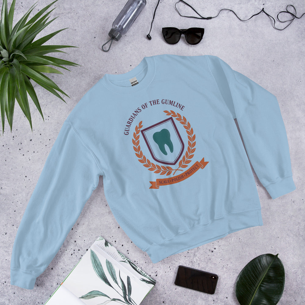 Guardians of the Gumline dental hygienist crewneck sweatshirt — Light Blue, front-right