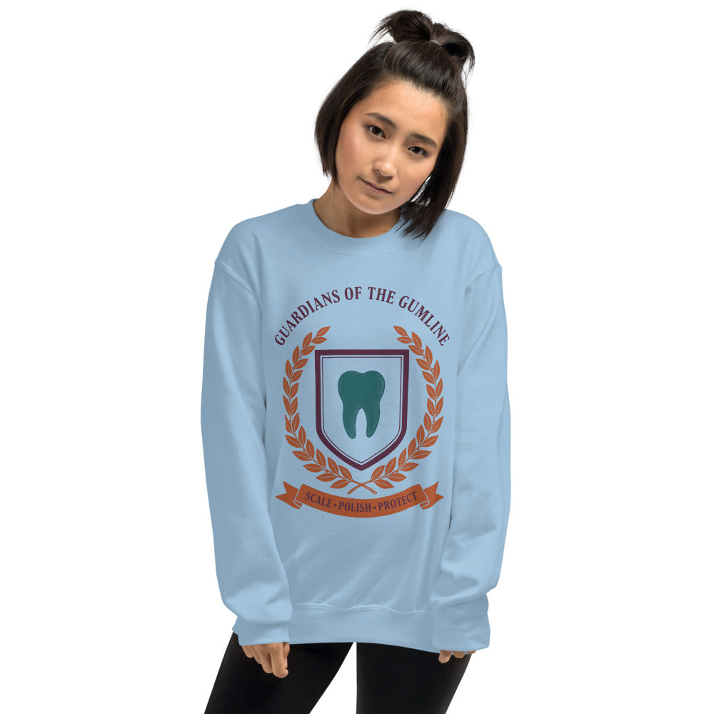 Guardians of the Gumline dental hygienist crewneck sweatshirt — Light Blue, on model