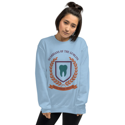 Guardians of the Gumline dental hygienist crewneck sweatshirt — Light Blue, on model