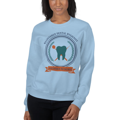 Licensed to Scale registered dental hygienist crewneck sweatshirt — Light Blue, on model