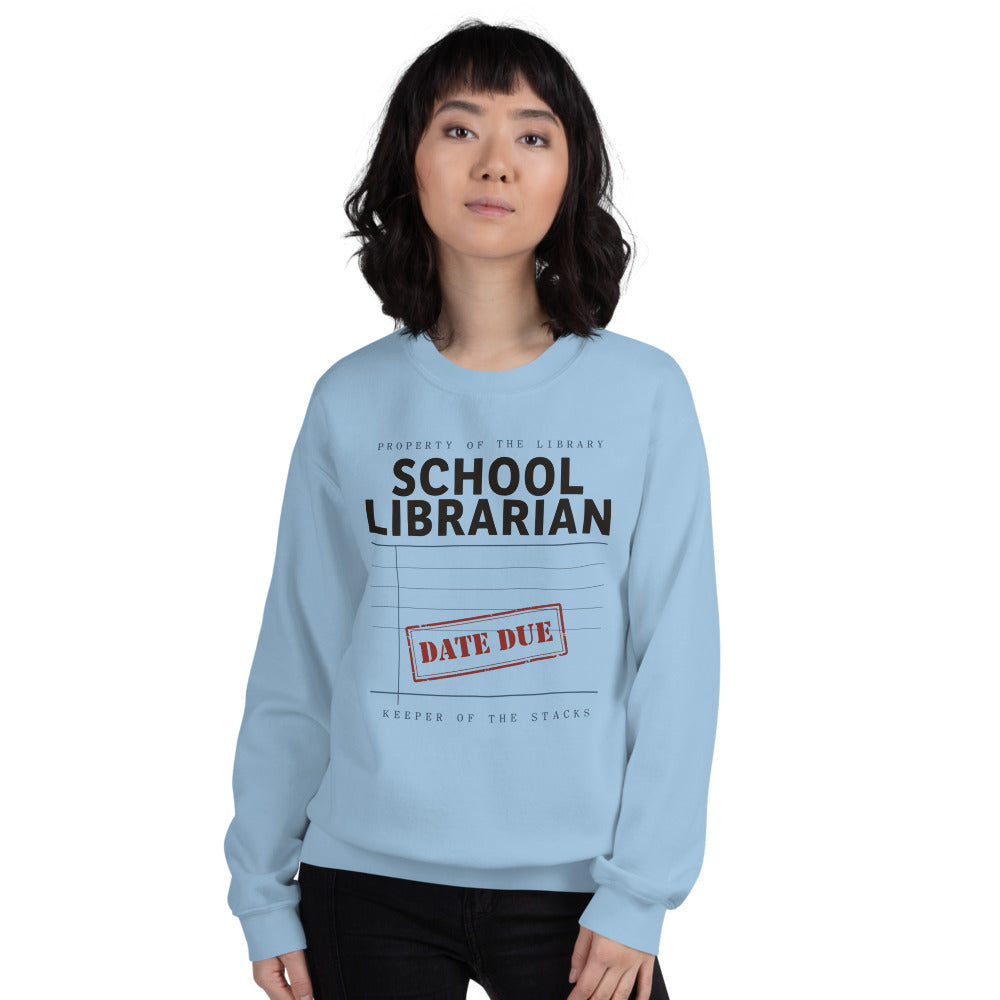 Property of the School Library card catalog school librarian crewneck sweatshirt — Light Blue, on model