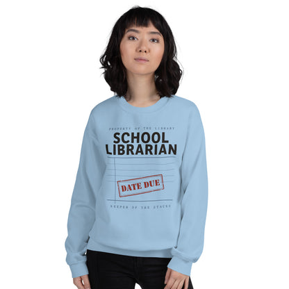 Property of the School Library card catalog school librarian crewneck sweatshirt — Light Blue, on model