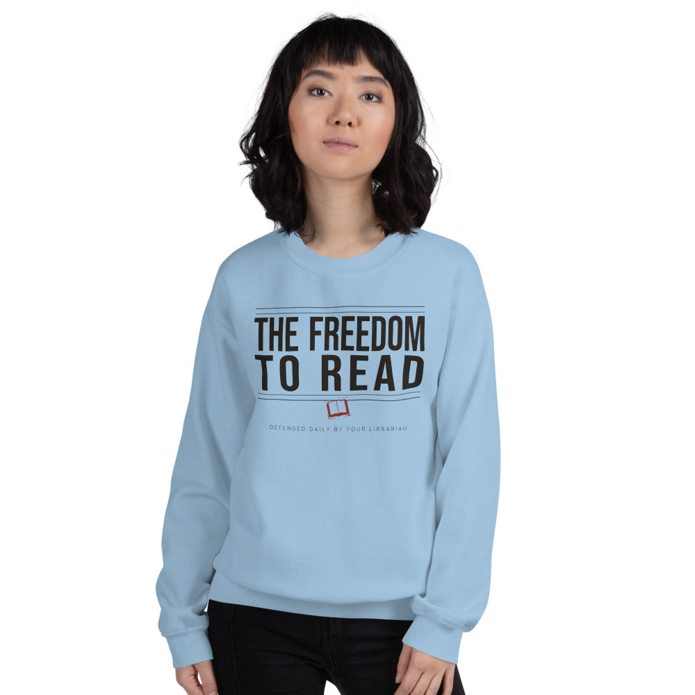 The Freedom to Read school librarian crewneck sweatshirt — Light Blue, on model
