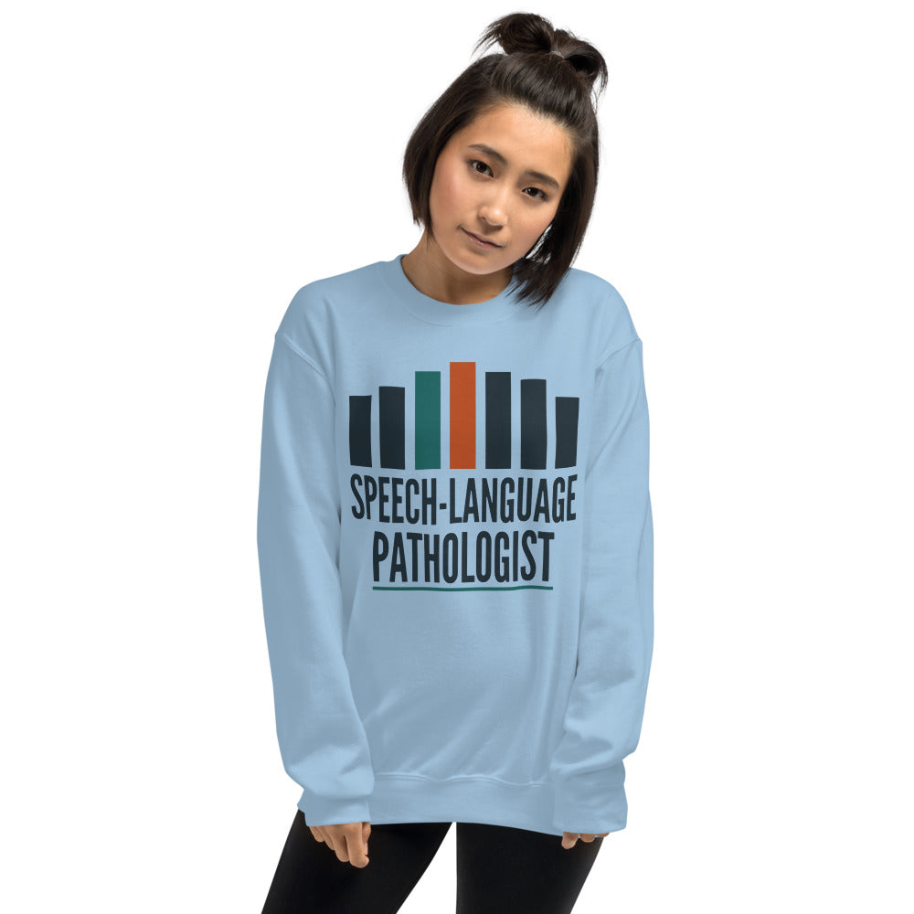 Mid-Century Clinic speech therapy crewneck sweatshirt — Light Blue, on model