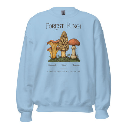 Forest Fungi vintage mushroom field guide crewneck — Light Blue, front
