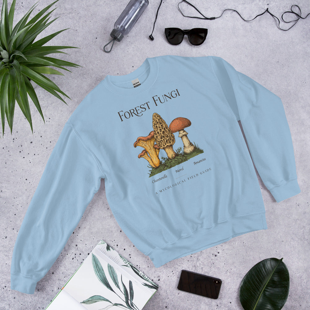 Forest Fungi vintage mushroom field guide crewneck — Light Blue, flat lay