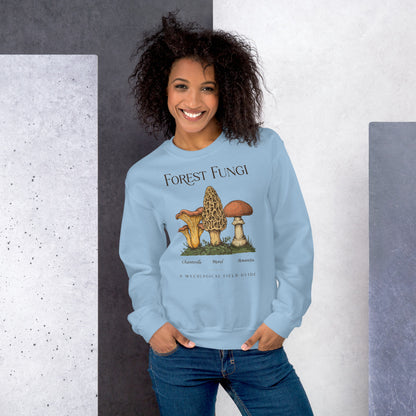 Forest Fungi vintage mushroom field guide crewneck — Light Blue, on model