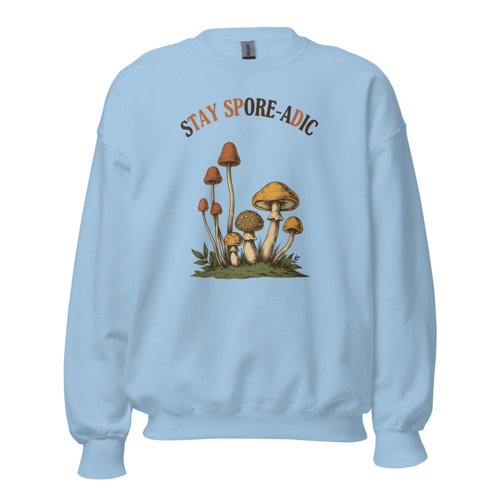 Stay Spore-adic funny vintage mushroom crewneck — Light Blue, front