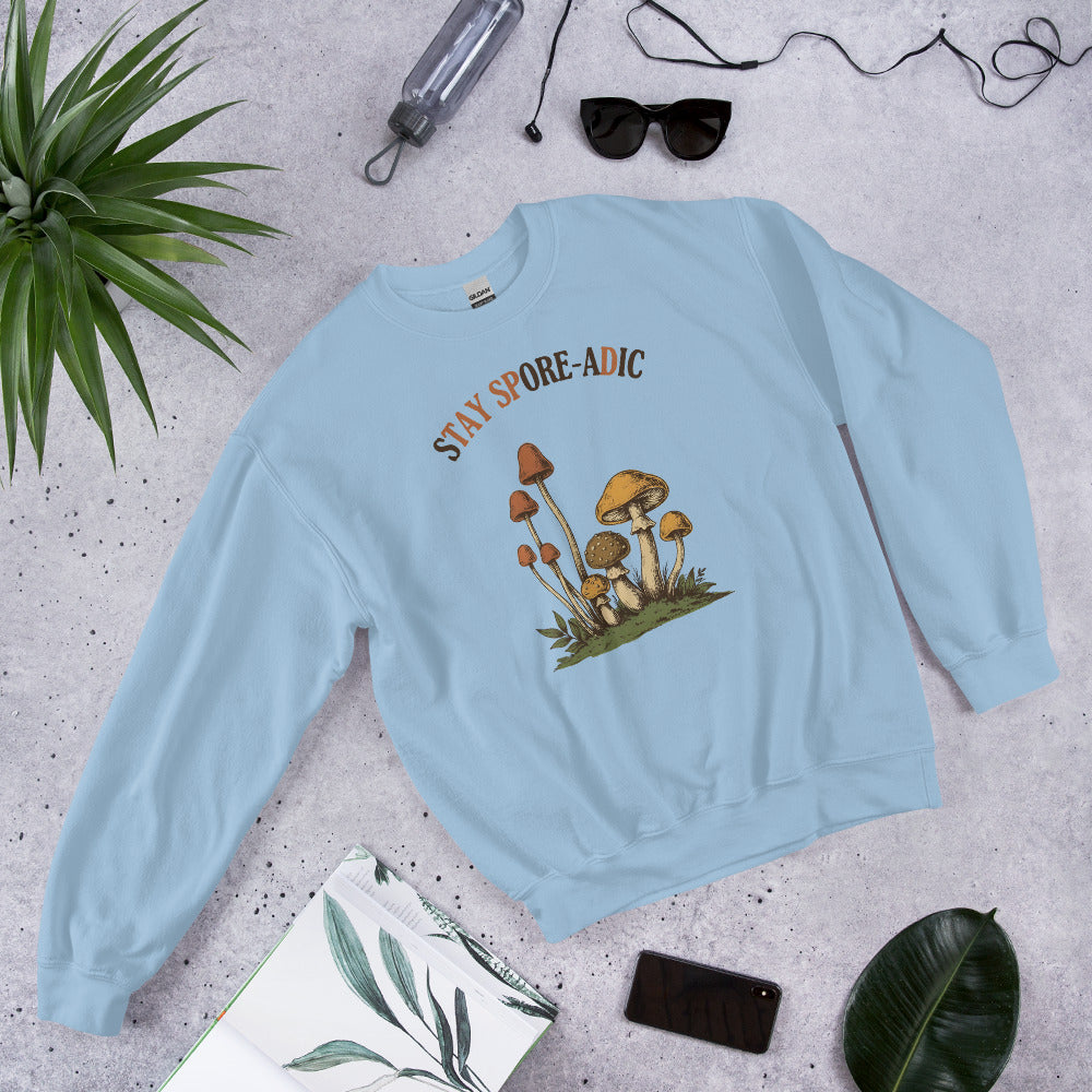 Stay Spore-adic funny vintage mushroom crewneck — Light Blue, flat lay