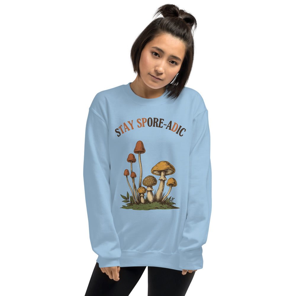 Stay Spore-adic funny vintage mushroom crewneck — Light Blue, on model