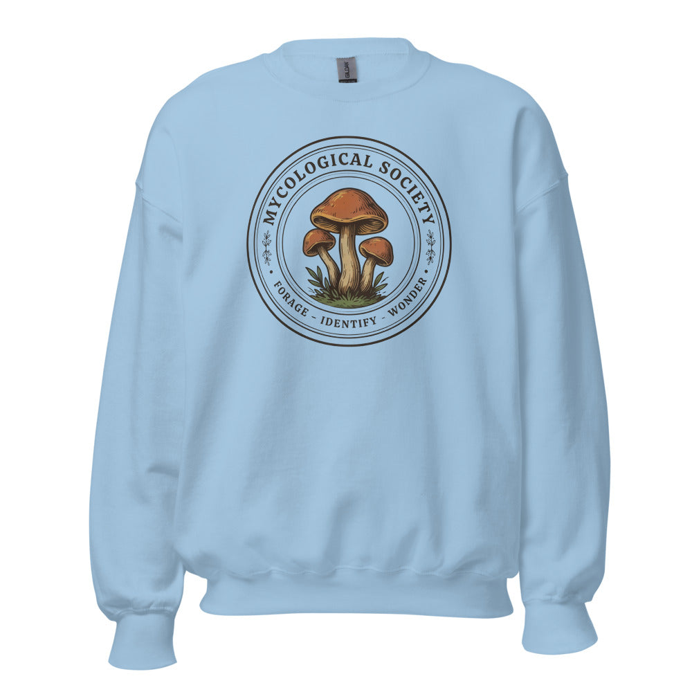Mushroom Foraging Mycological Society vintage botanical crewneck — Light Blue, front
