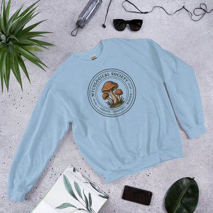 Mushroom Foraging Mycological Society vintage botanical crewneck — Light Blue, flat lay