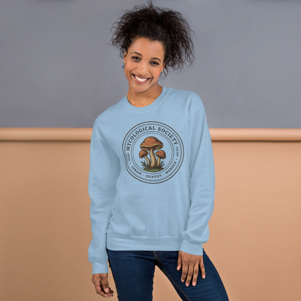 Mushroom Foraging Mycological Society vintage botanical crewneck — Light Blue, on model