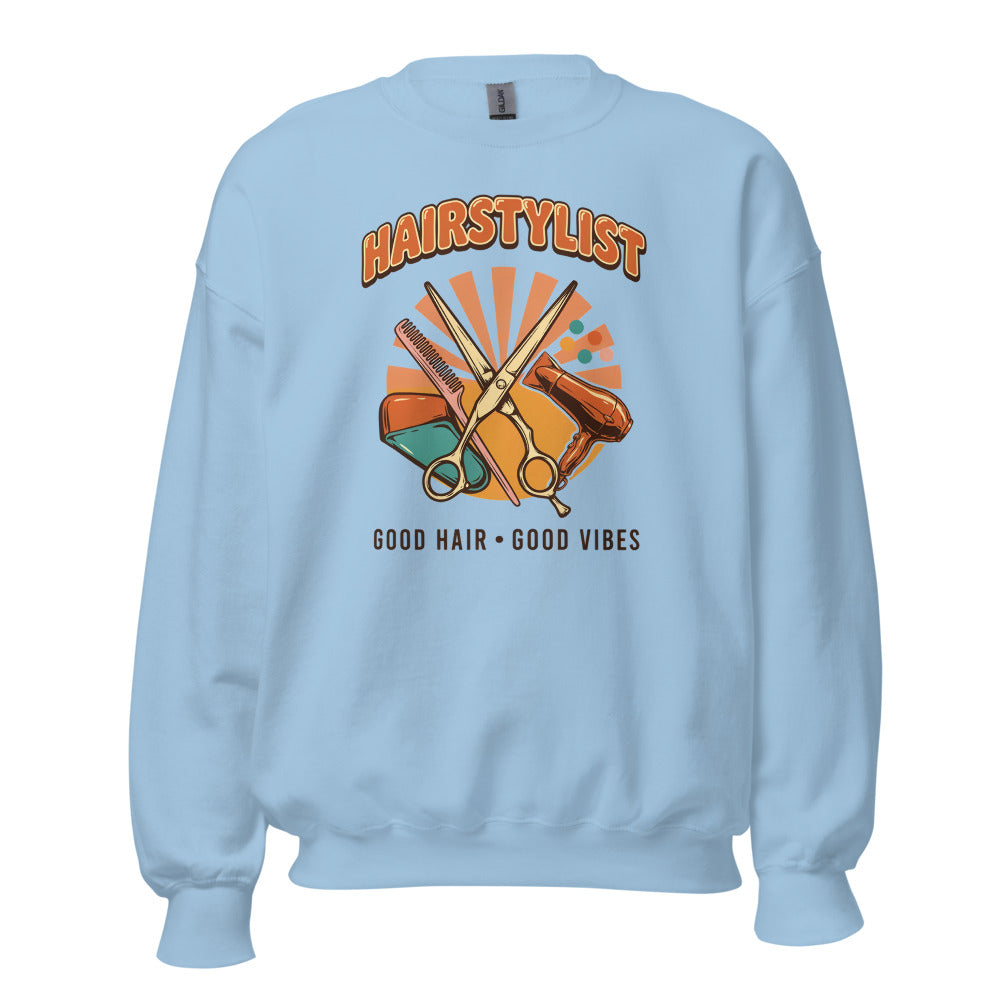 Retro Salon Hairstylist good hair good vibes crewneck — Light Blue, front