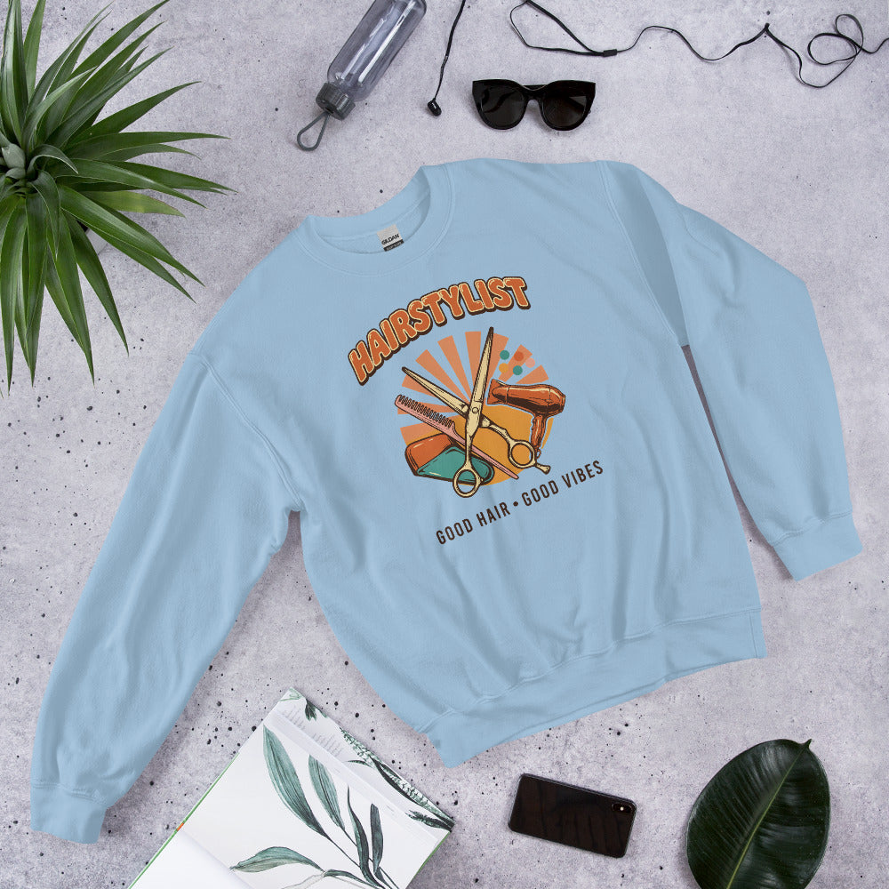 Retro Salon Hairstylist good hair good vibes crewneck — Light Blue, flat lay