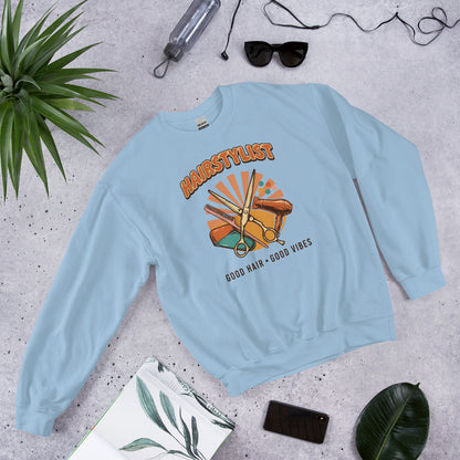 Retro Salon Hairstylist good hair good vibes crewneck — Light Blue, flat lay