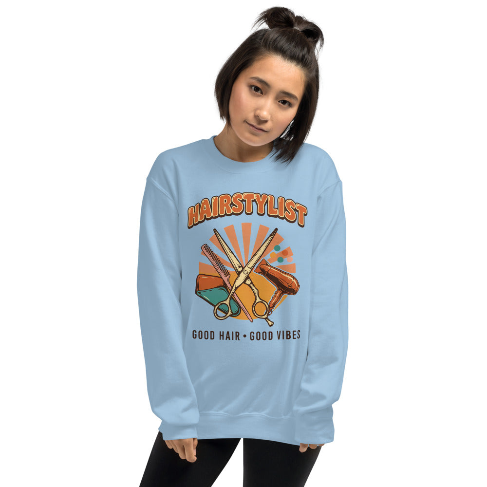 Retro Salon Hairstylist good hair good vibes crewneck — Light Blue, on model