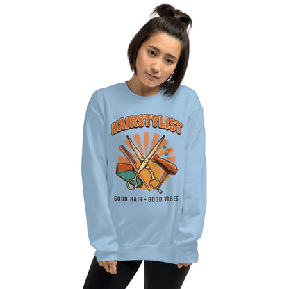 Retro Salon Hairstylist good hair good vibes crewneck — Light Blue, on model