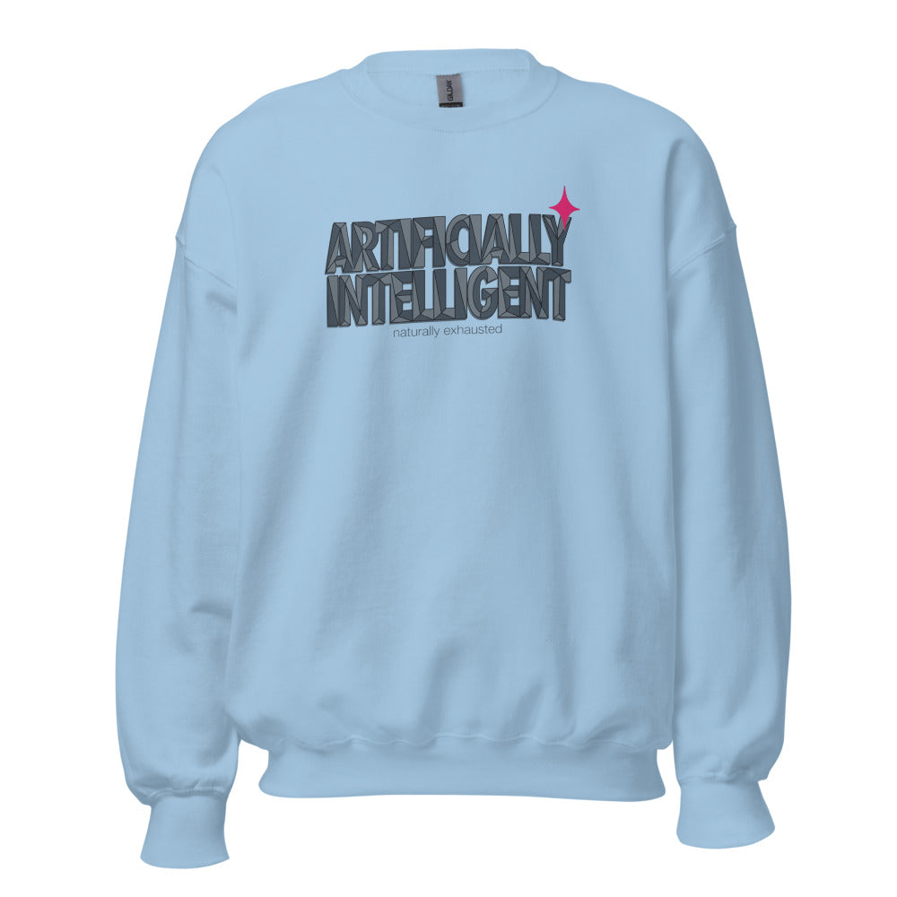 Artificially Intelligent funny AI crewneck sweatshirt — Light Blue, front