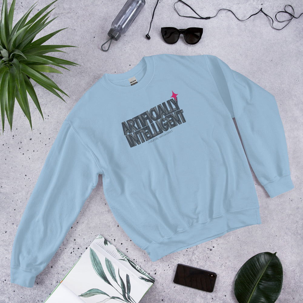Artificially Intelligent funny AI crewneck sweatshirt — Light Blue, flat lay