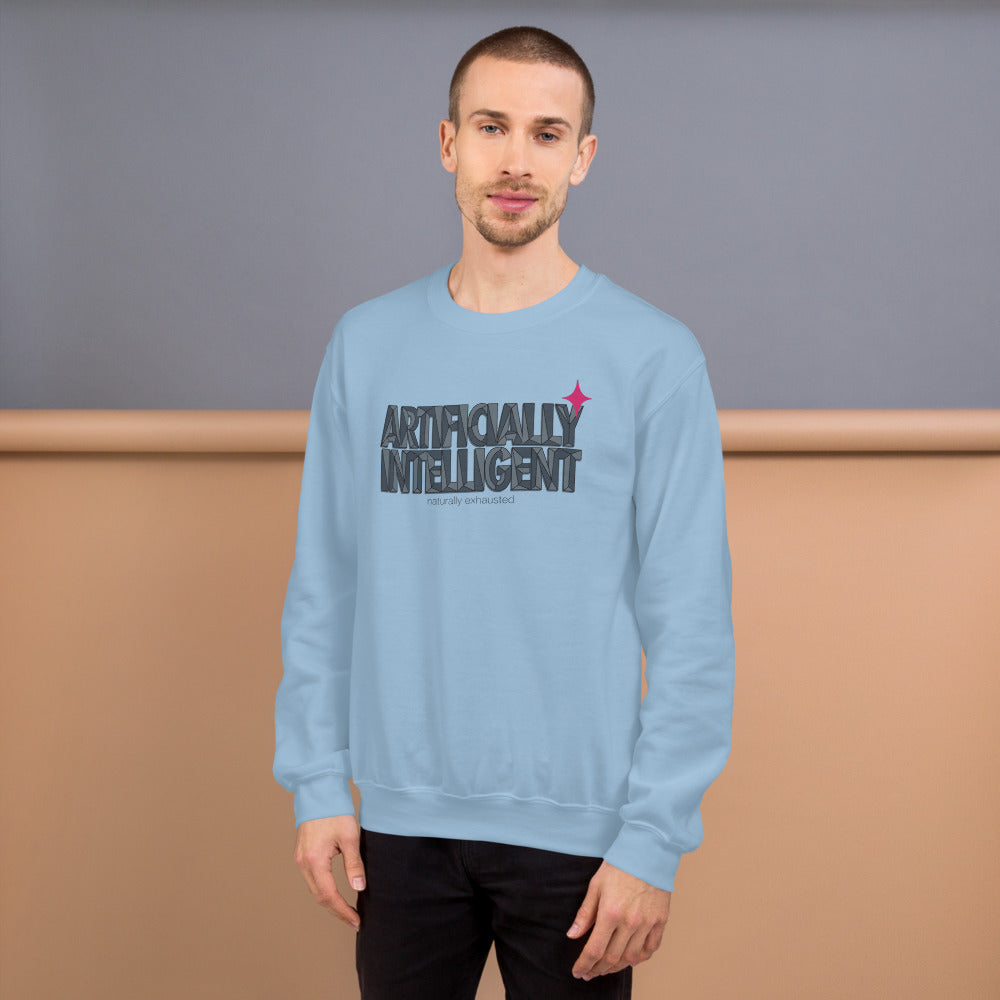 Artificially Intelligent funny AI crewneck sweatshirt — Light Blue, on model