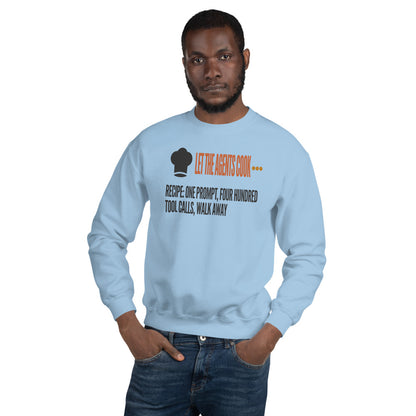 Let The Agents Cook crewneck sweatshirt — Light Blue, on model