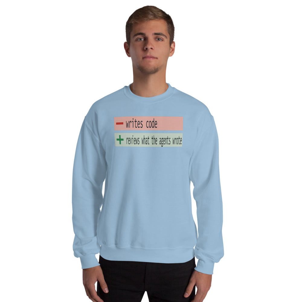 The Diff agentic AI engineer crewneck sweatshirt — Light Blue, on model