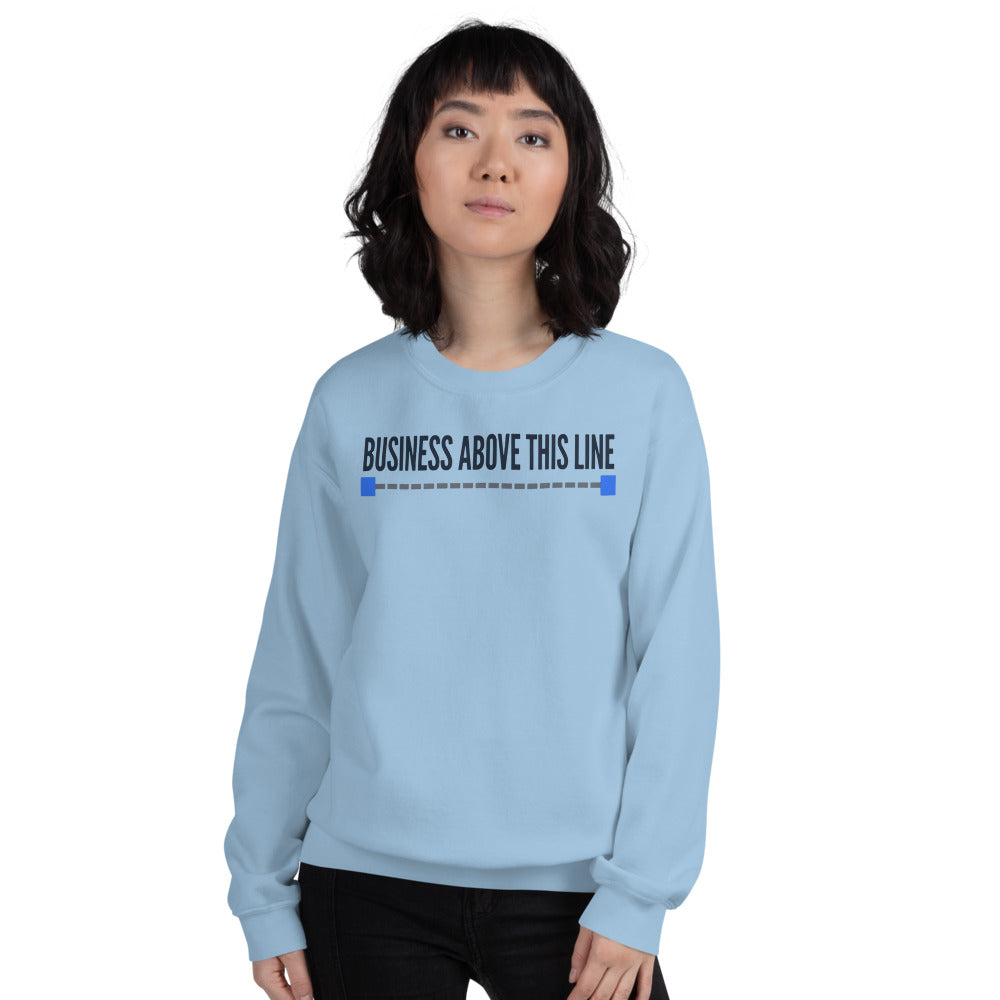 Business Above This Line crewneck sweatshirt — Light Blue, on model