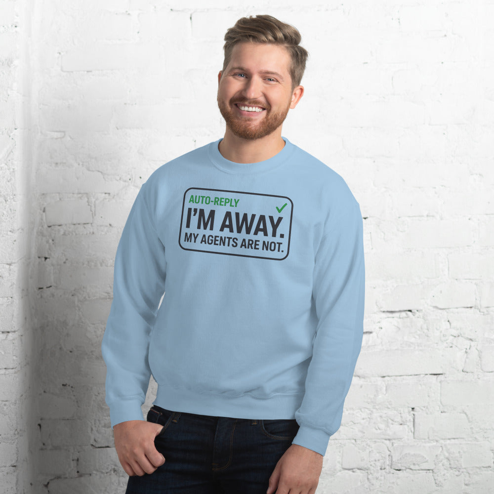 Auto-Reply agentic AI engineer crewneck sweatshirt — Light Blue, on model