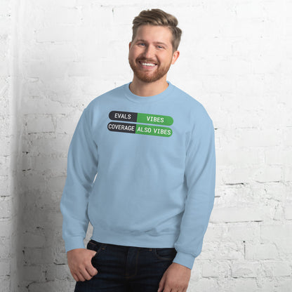 Eval Suite Vibes agentic AI engineer crewneck sweatshirt — Light Blue, on model