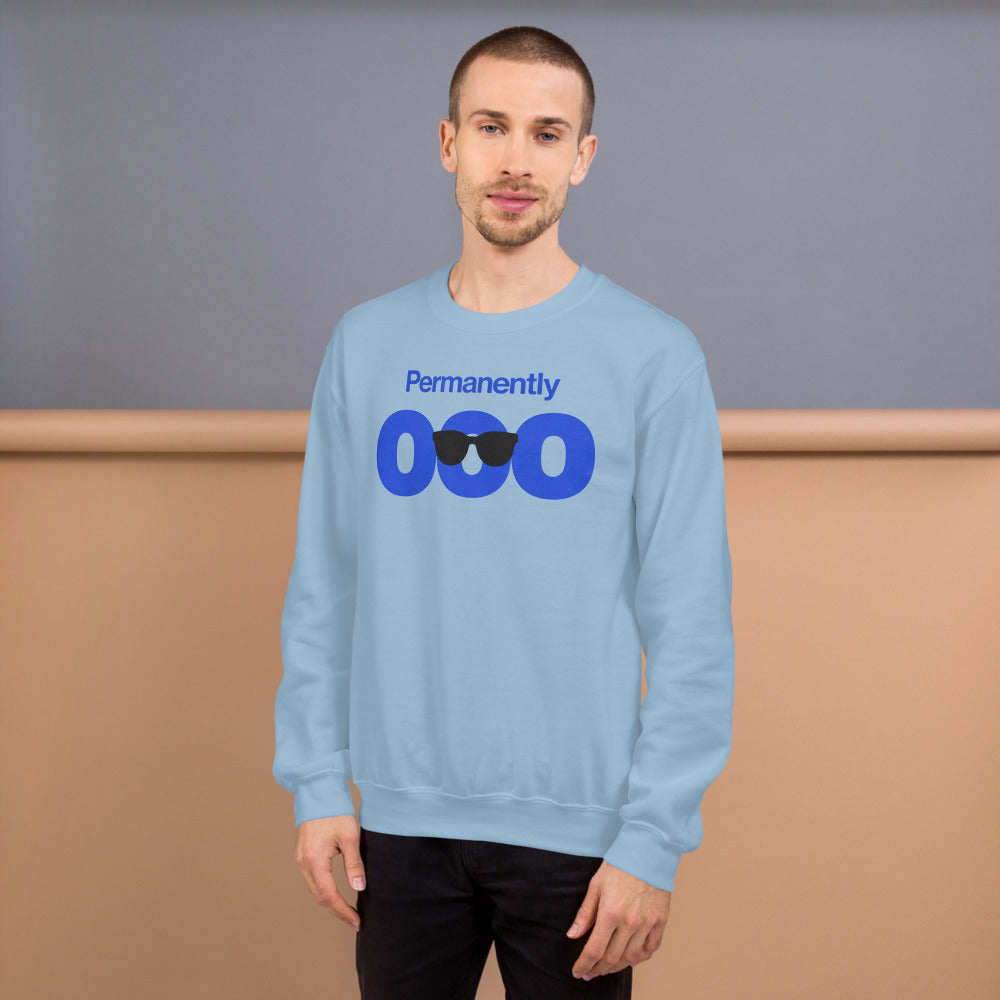 Permanently OOO out of office crewneck sweatshirt — Light Blue, on model