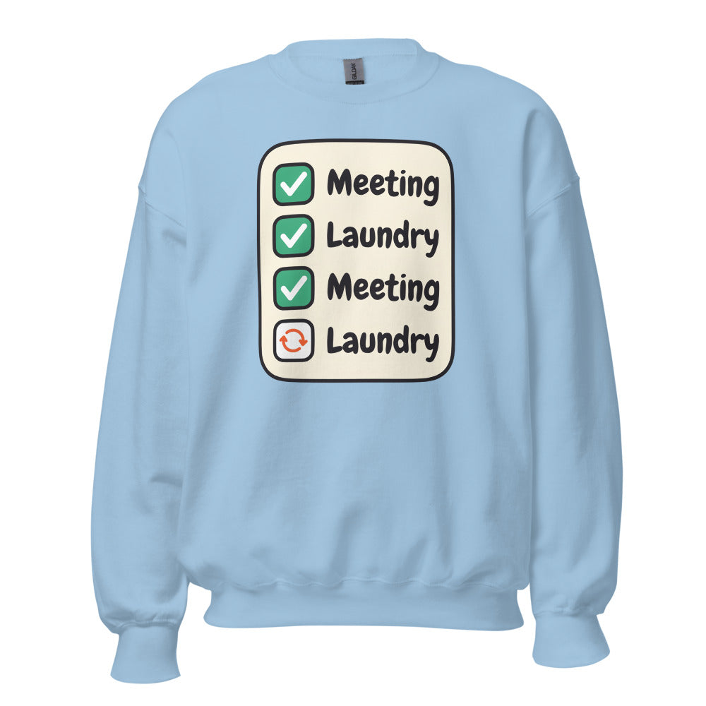 Meeting Laundry funny work from home crewneck sweatshirt — Light Blue, front