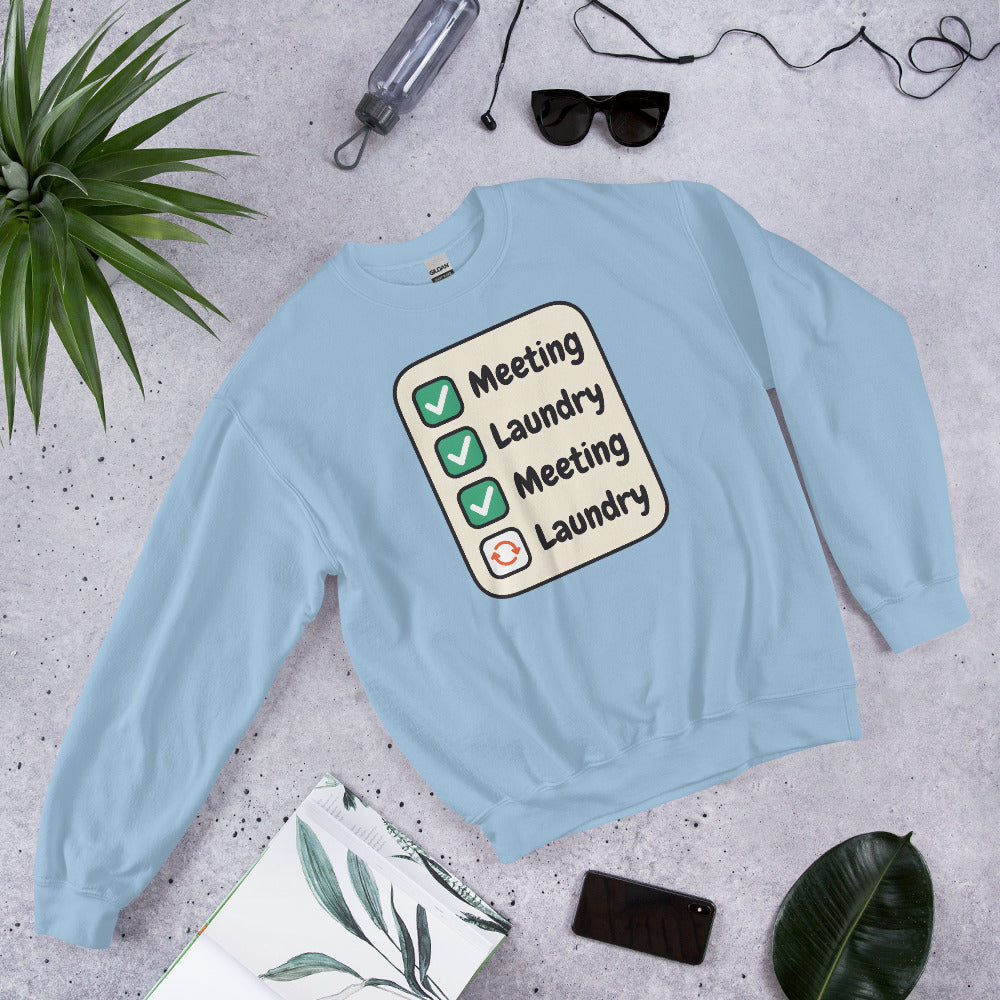 Meeting Laundry funny work from home crewneck sweatshirt — Light Blue, flat lay