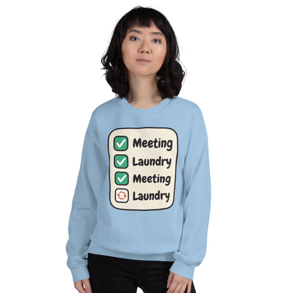 Meeting Laundry funny work from home crewneck sweatshirt — Light Blue, on model