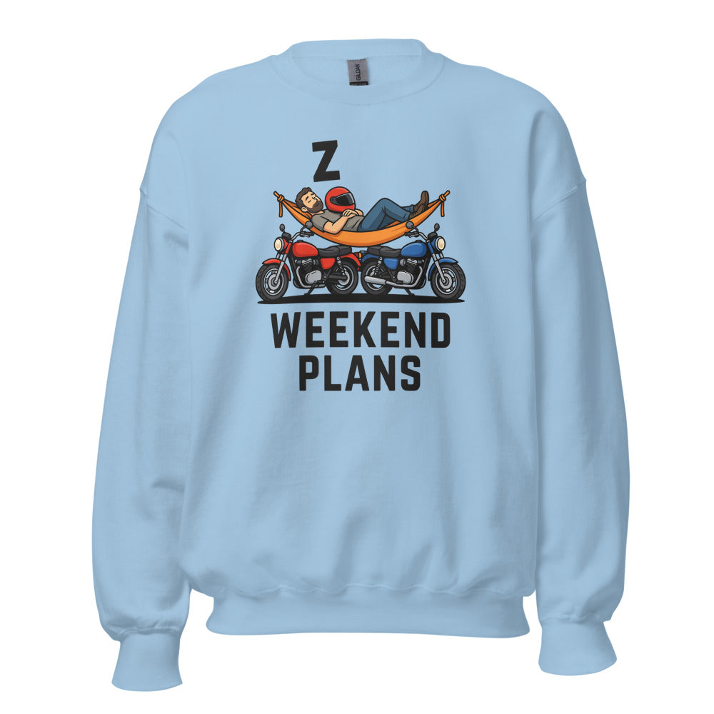 Weekend Plans funny motorcycle dad crewneck sweatshirt — Light Blue, front