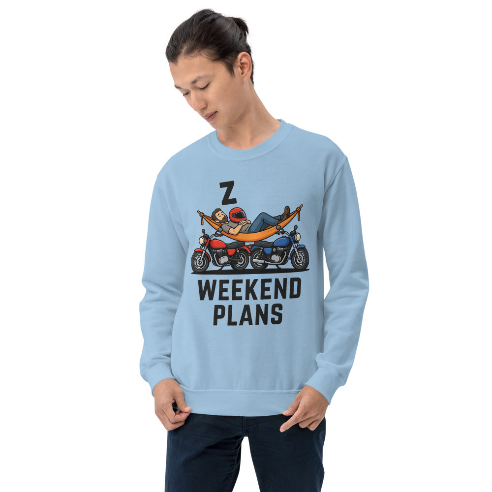 Weekend Plans funny motorcycle dad crewneck sweatshirt — Light Blue, on model