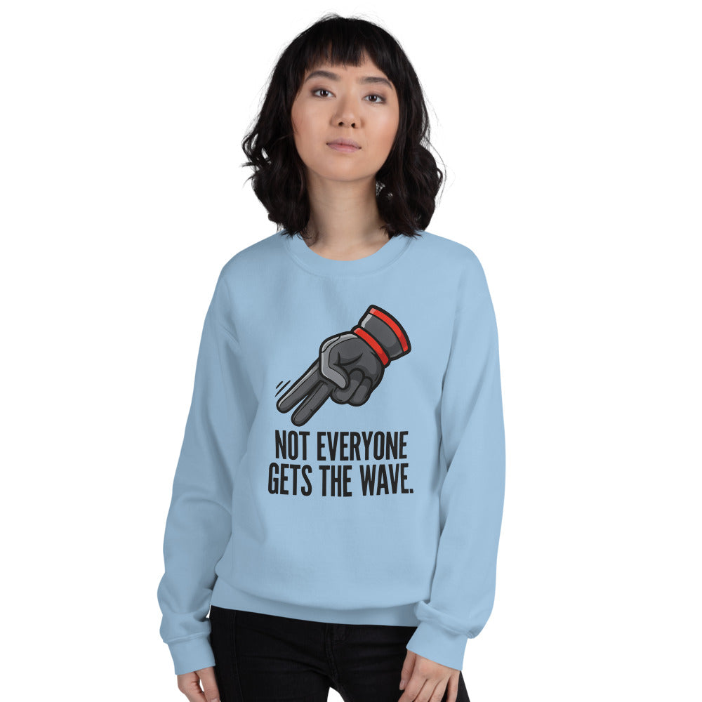 Not Everyone Gets The Wave biker wave motorcycle crewneck sweatshirt — Light Blue, on model