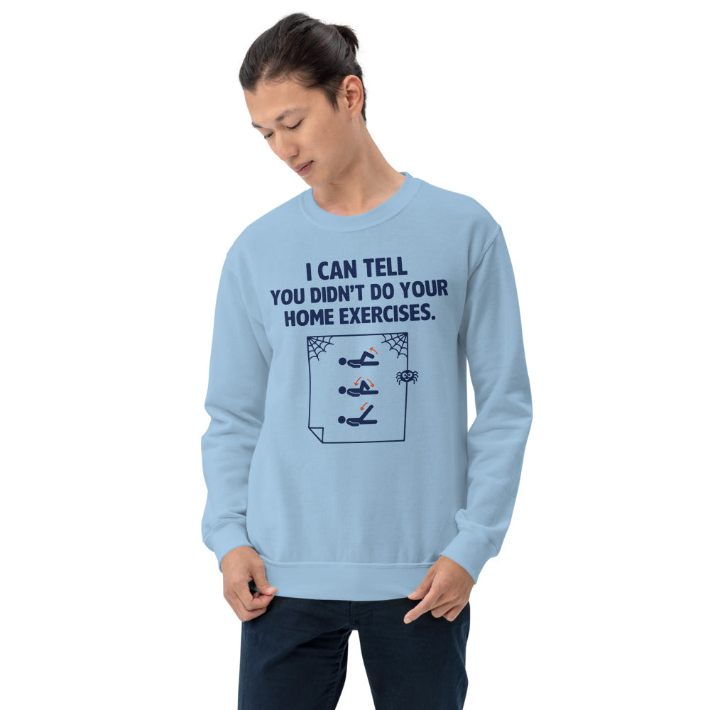 Home Exercises funny physical therapy crewneck sweatshirt — Light Blue, on model
