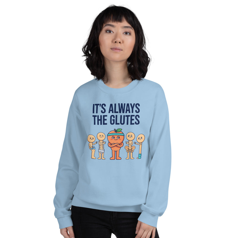 Always The Glutes funny physical therapy crewneck sweatshirt — Light Blue, on model
