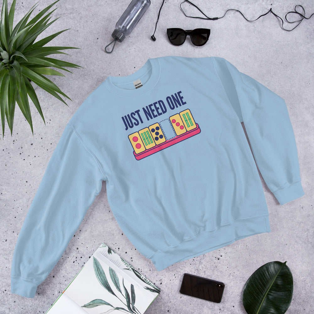 Just Need One funny mahjong crewneck sweatshirt — Light Blue, flat lay