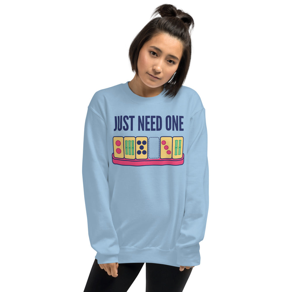 Just Need One funny mahjong crewneck sweatshirt — Light Blue, on model