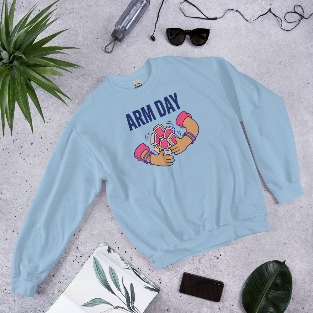 Arm Day funny mahjong crewneck sweatshirt — Light Blue, flat lay