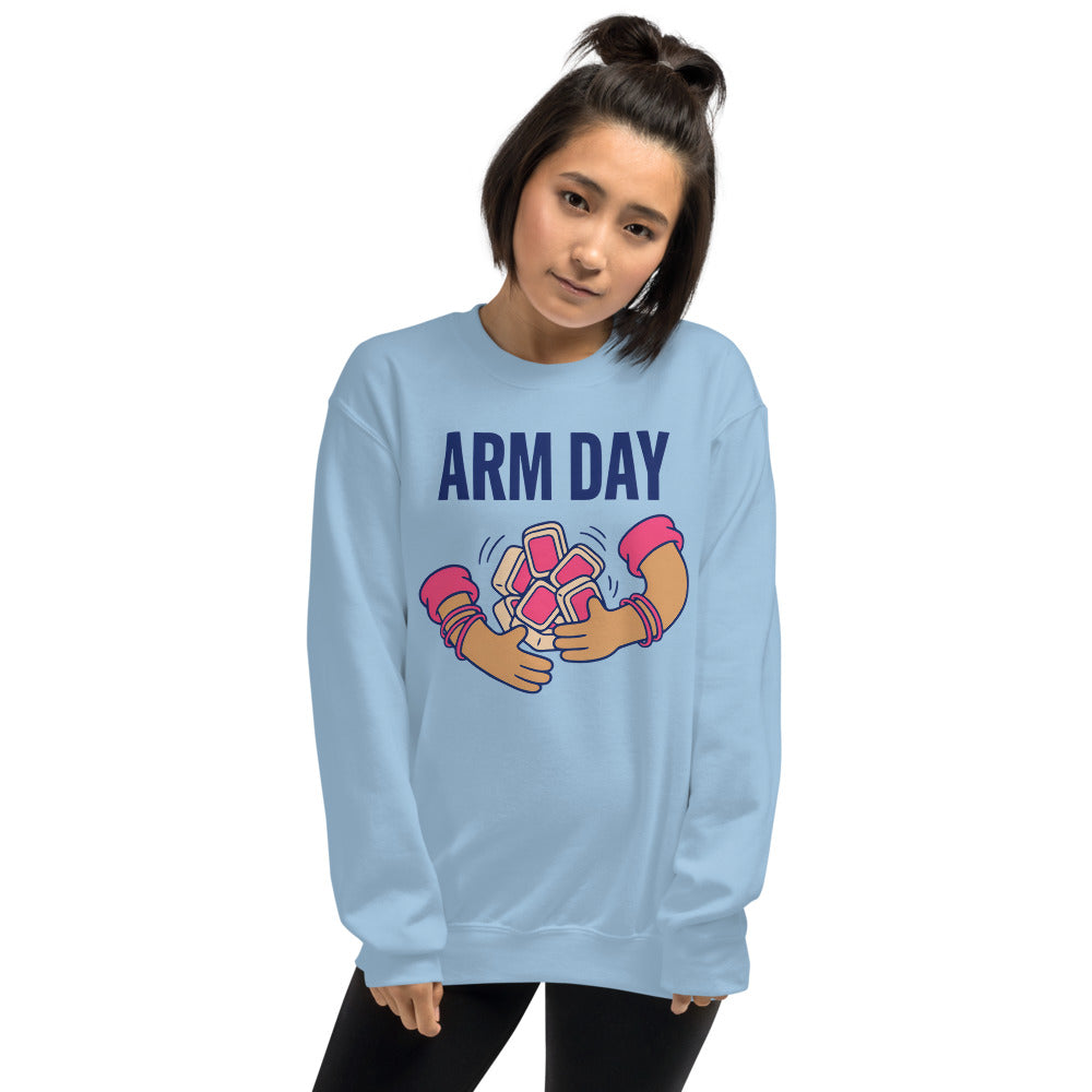 Arm Day funny mahjong crewneck sweatshirt — Light Blue, on model