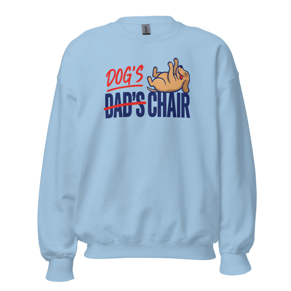 Dog's Chair funny dog dad crewneck sweatshirt — Light Blue, front