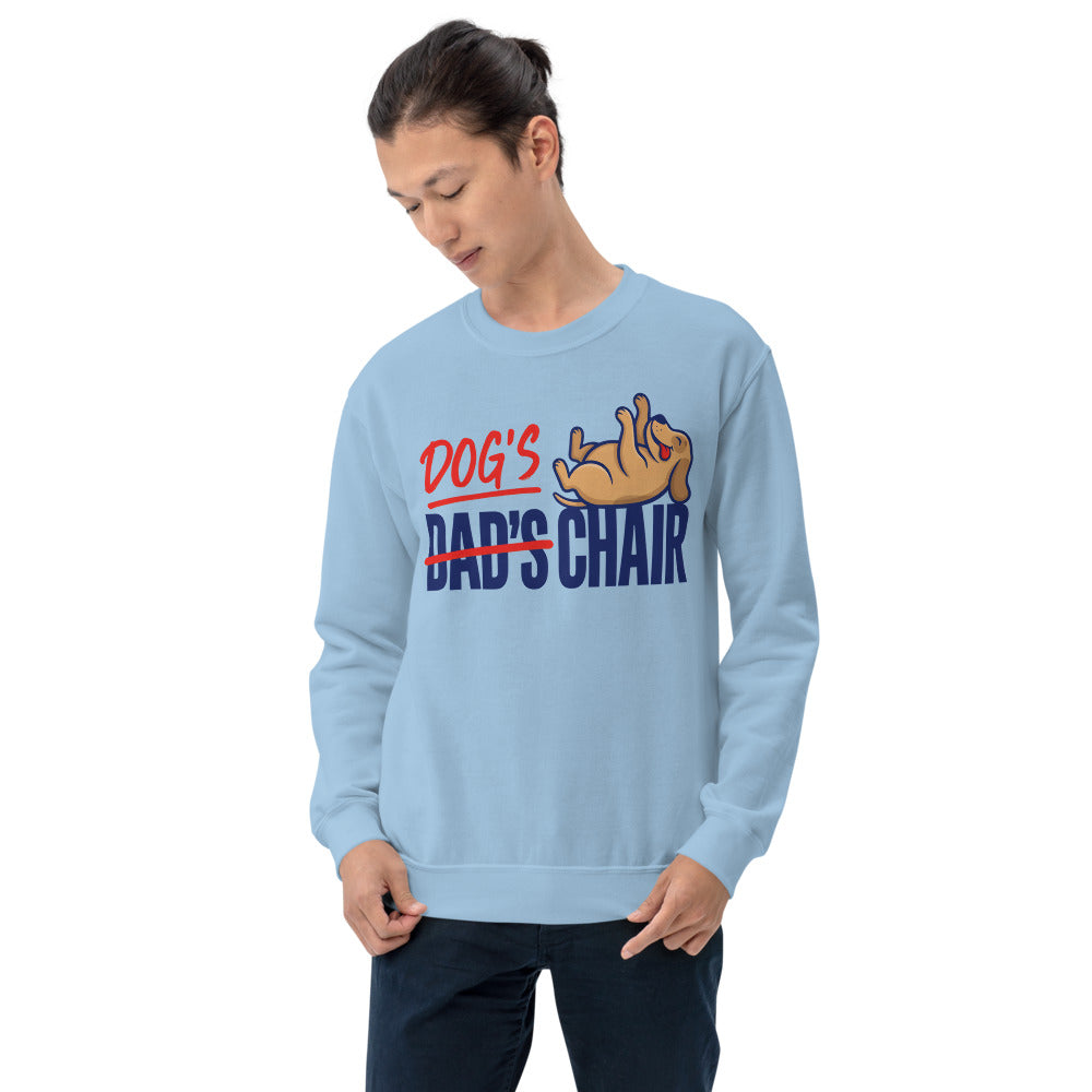 Dog's Chair funny dog dad crewneck sweatshirt — Light Blue, on model