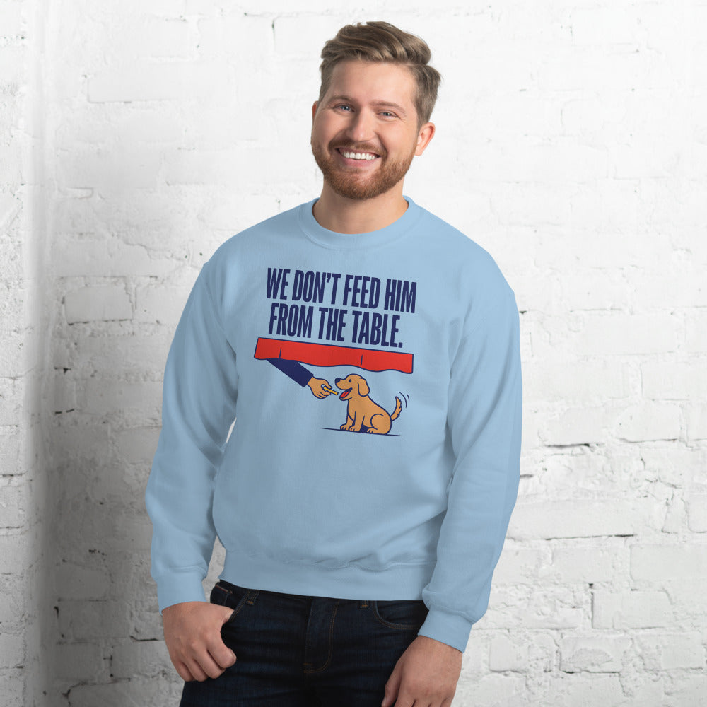 From The Table funny dog dad crewneck sweatshirt — Light Blue, on model