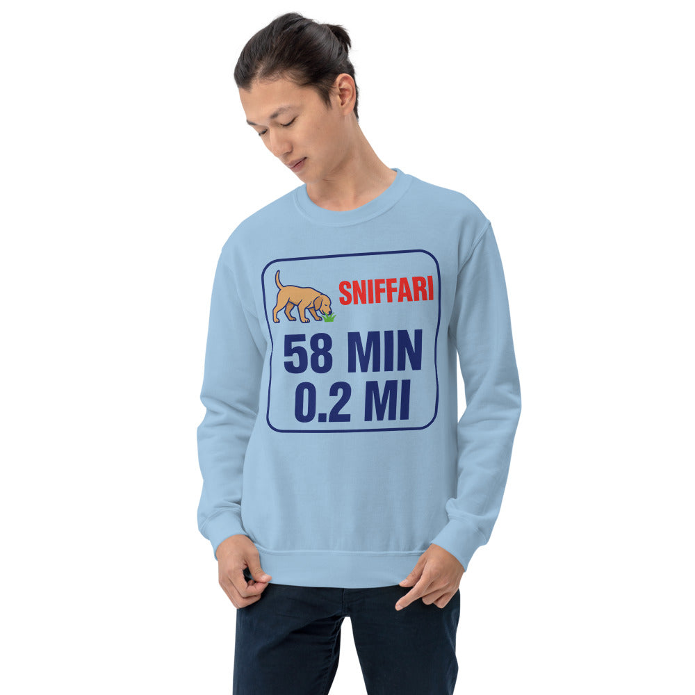 Sniff Walk Recap funny dog dad crewneck sweatshirt — Light Blue, on model